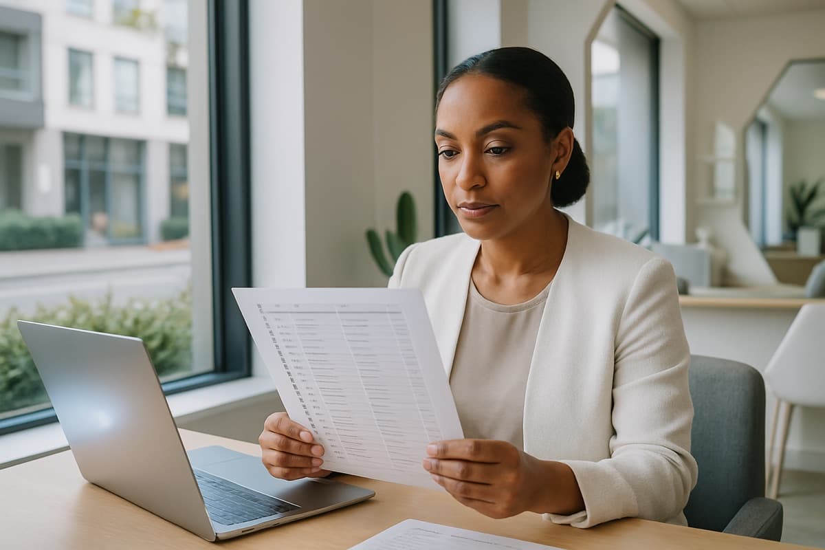 A person reviewing a printed ranked list of local businesses at a bright office desk.