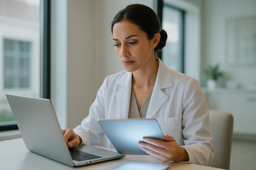 A professional comparing two glowing screens at a desk.