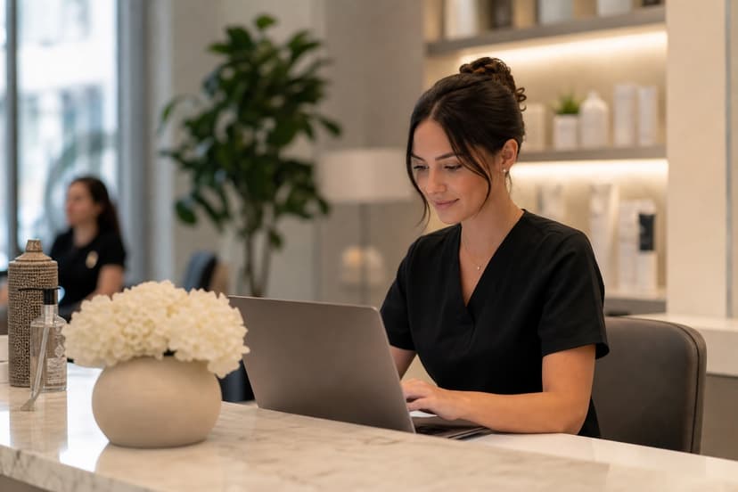 A med spa front desk manager updating a business listing on a laptop.