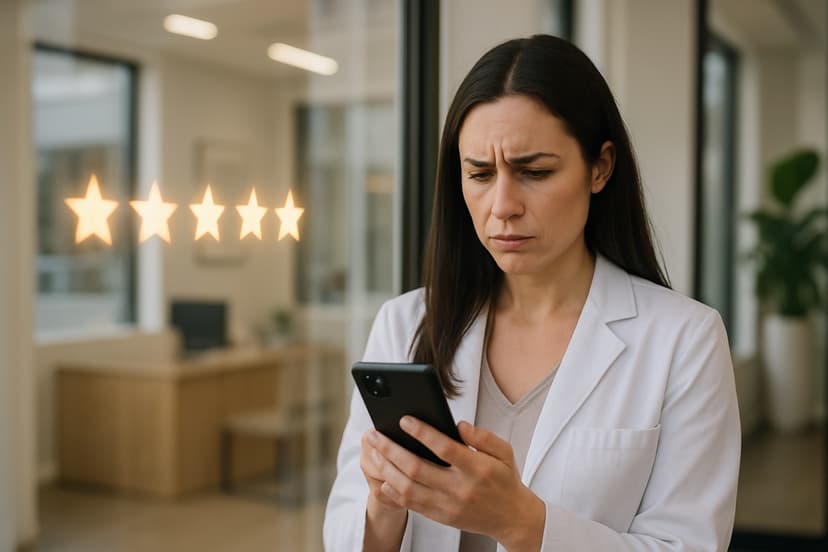 A med spa owner frowning at five glowing star icons reflected in a window while checking her phone.