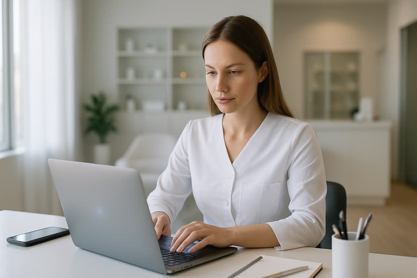 A person working carefully at a laptop on an organized, minimal desk.