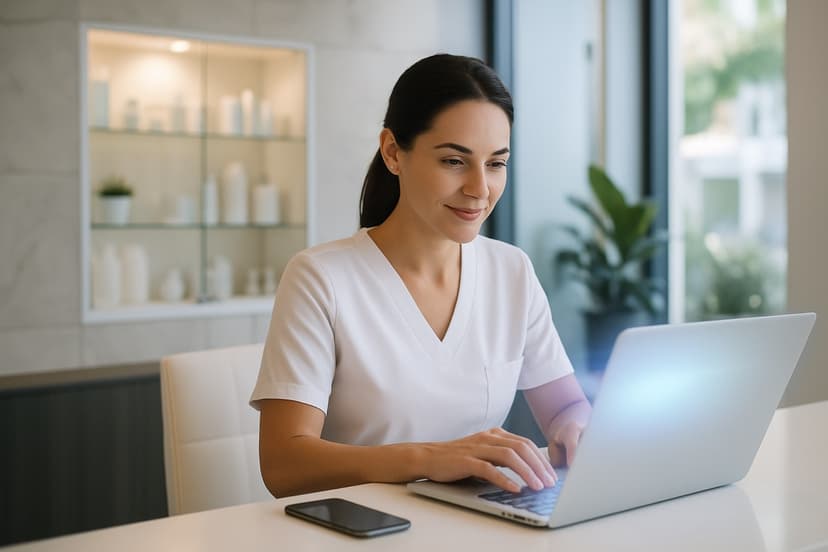 A med spa owner checking search results on a laptop at the front desk.