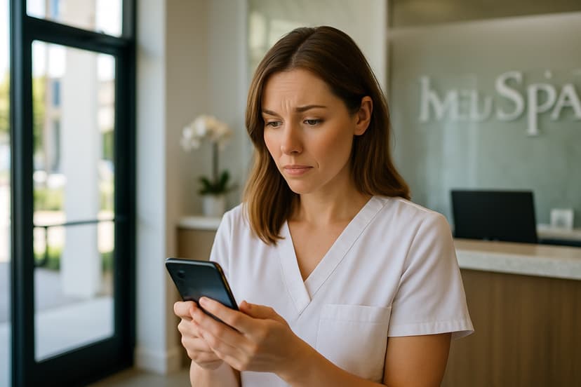 A med spa owner looking thoughtfully at their phone.