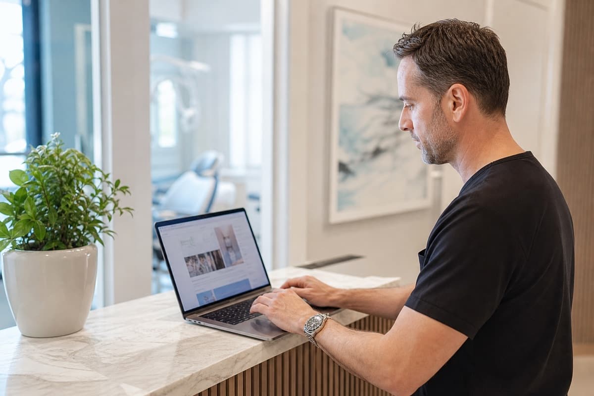 A dentist reviewing website code and a checklist on a laptop at the front desk.
