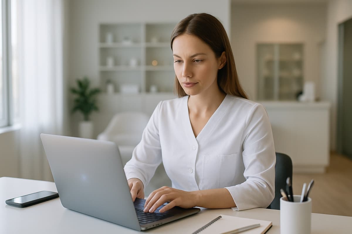 A person working carefully at a laptop on an organized, minimal desk.
