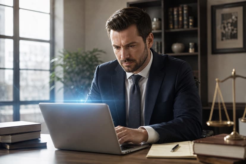 A lawyer reviewing a laptop at a wood desk in a law office.